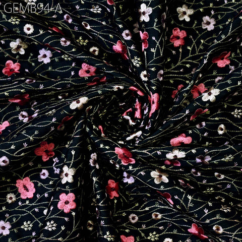 Indian Black Embroidered Fabric by the yard Sewing DIY Crafting Embroidery Wedding Dress Costumes Dolls Bags Cushions Table Runners Blouses