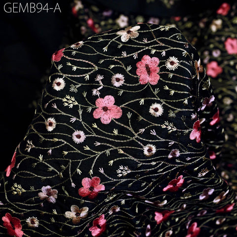 Indian Black Embroidered Fabric by the yard Sewing DIY Crafting Embroidery Wedding Dress Costumes Dolls Bags Cushions Table Runners Blouses