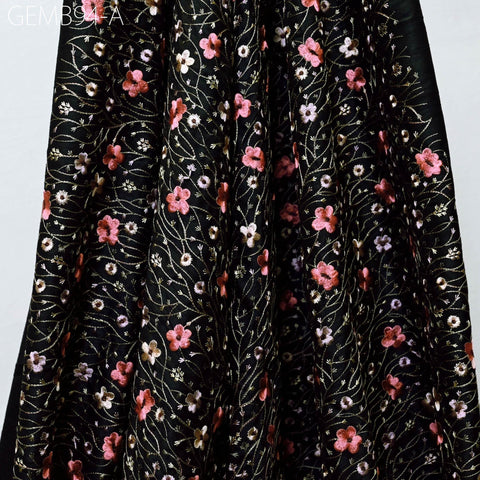 Indian Black Embroidered Fabric by the yard Sewing DIY Crafting Embroidery Wedding Dress Costumes Dolls Bags Cushions Table Runners Blouses