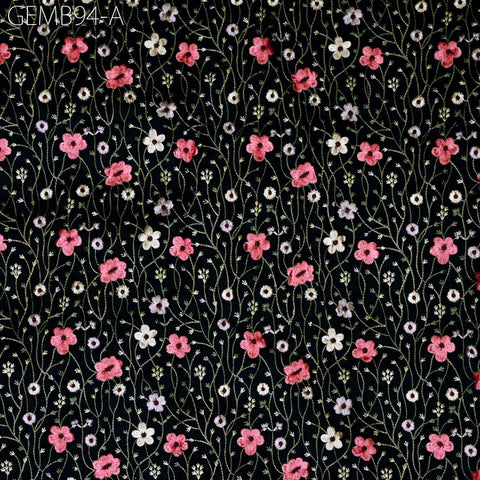 Indian Black Embroidered Fabric by the yard Sewing DIY Crafting Embroidery Wedding Dress Costumes Dolls Bags Cushions Table Runners Blouses