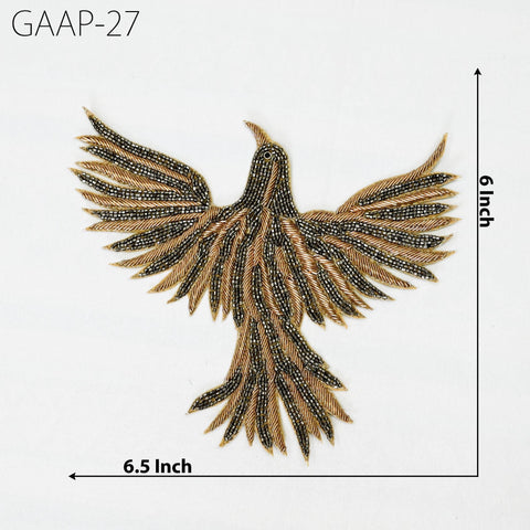 2 Pair Golden Beaded Bird Appliques: Embroidered Indian Patches (6")