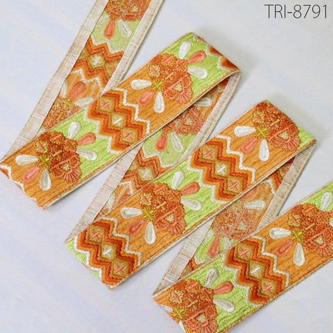 9 Yard Orange 55mm Embroidery Ribbon Trim Indian Sari Border Embroidered Crafting Sewing Costume Tablecloth Lampshade making Home Decor Trim