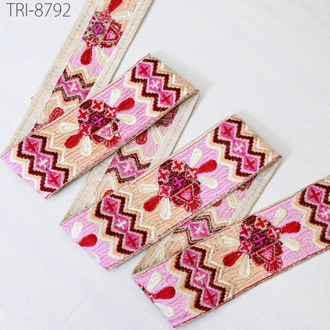9 Yard Pink 55mm Embroidery Ribbons Indian Sari Border Embroidered Crafting Sewing Tablecloth Lampshade making Home Decor Costumes Trimming