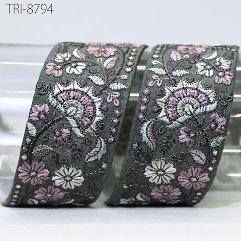 9 Yard Grey 48mm Embroidery Ribbons Floral Indian Sari Border Embroidered Crafting Sewing Costumes Tablecloth Lampshade Home Decor Trimming