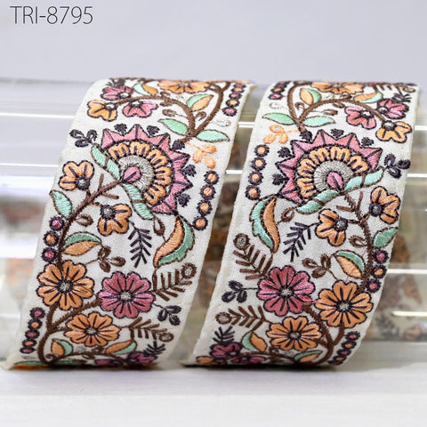 9 Yard Ivory 48mm Indian Embroidery Border Floral Embroidered Fabric Trims Saree Ribbons Crafting Sewing Wedding Embellishment Gift Wrapping