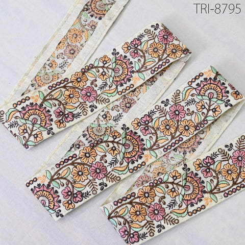 9 Yard Ivory 48mm Indian Embroidery Border Floral Embroidered Fabric Trims Saree Ribbons Crafting Sewing Wedding Embellishment Gift Wrapping