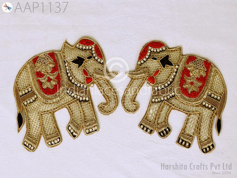 Elephant patches, face to face pair, handmade zari work, beige applique with red and black color used for detailing