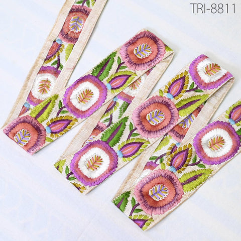 9 Yard Peach 5cm Embroidery Trims Ribbons Floral Embellish Embroidered Fabric Saree Costume Border Crafting Sewing Beach Bag Hats Belts Gift