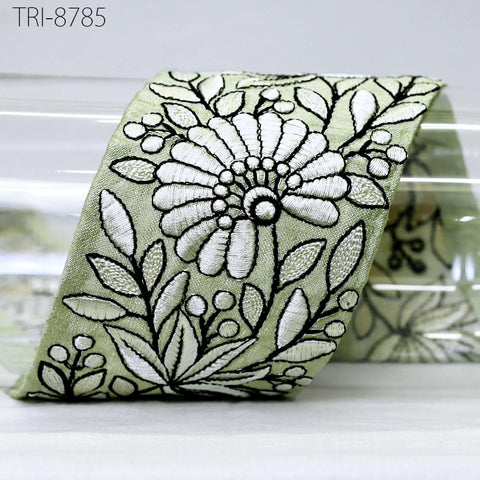 9 Yard Green 8cm Embroidery Ribbon Trim Tape Embellish Embroidered Saree Border Costumes DIY Crafting Sewing Beach Bags Totes, Wall Hanging