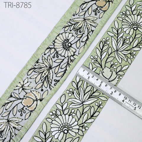 9 Yard Green 8cm Embroidery Ribbon Trim Tape Embellish Embroidered Saree Border Costumes DIY Crafting Sewing Beach Bags Totes, Wall Hanging