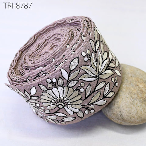 3 Yard Mauve Embroidery 75 mm Trim Floral Embellishment Embroidered Fabric Saree Costume Border Crafting Sewing Beach Bag Hats Belts Gift