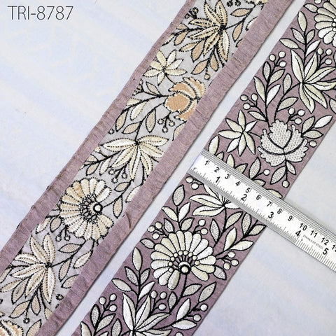 3 Yard Mauve Embroidery 75 mm Trim Floral Embellishment Embroidered Fabric Saree Costume Border Crafting Sewing Beach Bag Hats Belts Gift