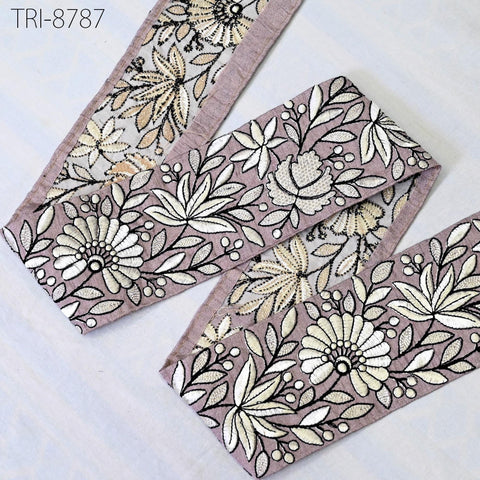 3 Yard Mauve Embroidery 75 mm Trim Floral Embellishment Embroidered Fabric Saree Costume Border Crafting Sewing Beach Bag Hats Belts Gift