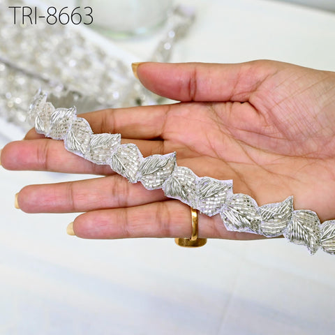 Silver Zardozi Beaded Trim By 3 Yard | Indian Handcrafted Sari Border DIY Crafting Ribbons Saree Embroidered Zari Handmade Trimming Costumes