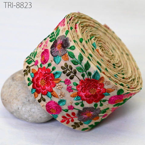 9 Yard Red Embroidered 8 CM Saree Border Embroidery Ribbon Trim Crafting Sewing Accessories for Beach Bags, Costumes Christmas Home Decor