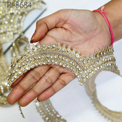 9 Yard Gold Beaded 4 CM Trim Rhinestone Ribbon Kundan Scallop Edge Lehenga Christmas Dresses Embellishments Saree Border Bridal Laces