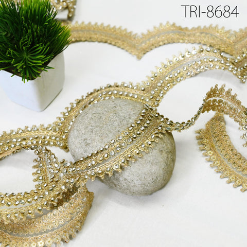 9 Yard Gold Beaded 4 CM Trim Rhinestone Ribbon Kundan Scallop Edge Lehenga Christmas Dresses Embellishments Saree Border Bridal Laces