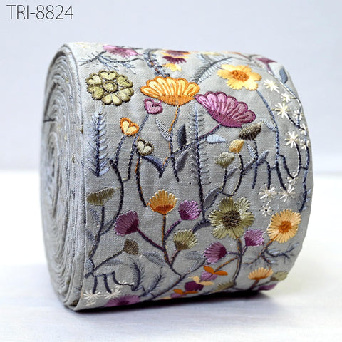 9 Yard Grey 95mm Embroidery Ribbons Embroidered Saree Border Trim Crafting Sewing Accessories for Beach Bags, Hats, Costumes Christmas Decor