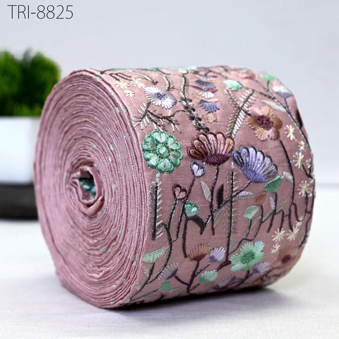 3 Yard Dusty Pink 95mm Embroidery Ribbons Trim Floral Indian Sari Border Embroidered Crafting Sewing Costumes Lampshade Home Decor Trimming