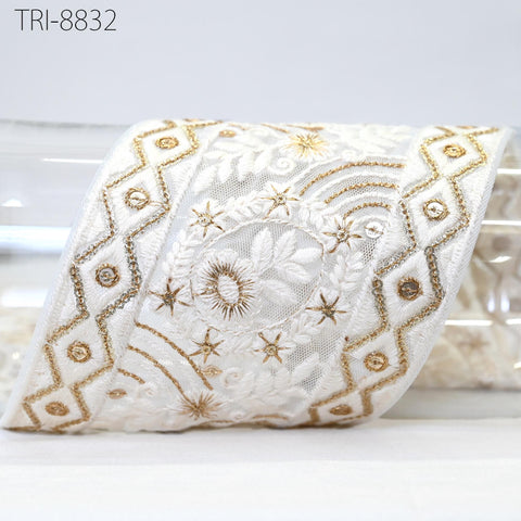 3 Yard White Embroidery 10 CM Trim Tapes Embellishment Embroidered Saree Border Costumes DIY Crafting Sewing Beach Bags Totes, Wall Hanging