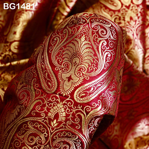 Maroon Brocade Fabric by the Yard Wedding Dress Sewing Crafting Indian Blended Banarasi Silk Curtains Home Décor Bridal Costume Table Runner
