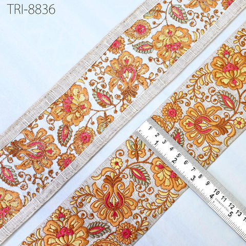 9 Yard Mustard 8cm Yellow Embroidery Ribbon Trim Indian Sari Border Embroidered Crafting Sewing Costume Tablecloth Lampshade making Trimming
