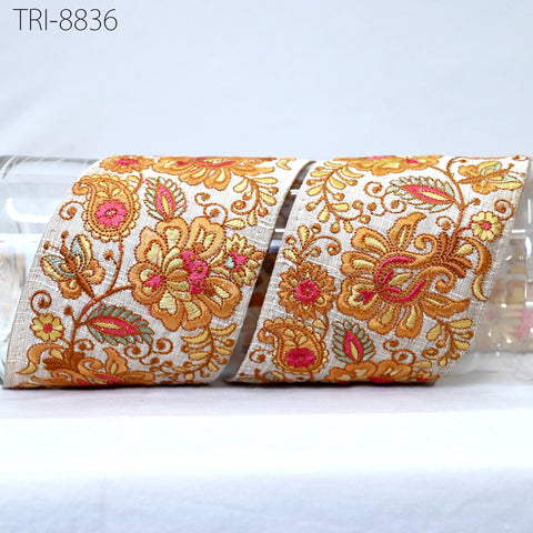 9 Yard Mustard 8cm Yellow Embroidery Ribbon Trim Indian Sari Border Embroidered Crafting Sewing Costume Tablecloth Lampshade making Trimming