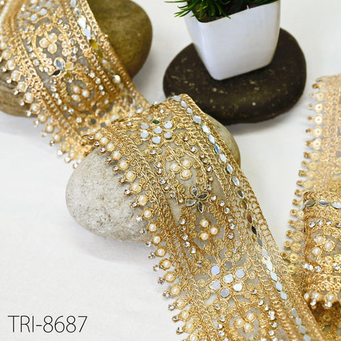 9 Yard Gold Beaded 7cm Trim Rhinestone Ribbon Kundan Scallop Edge Lehenga Trim Christmas Dresses Embellishments Saree Border Bridal Laces