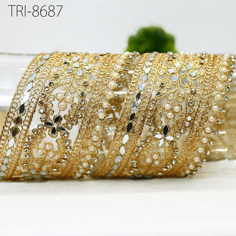 9 Yard Gold Beaded 7cm Trim Rhinestone Ribbon Kundan Scallop Edge Lehenga Trim Christmas Dresses Embellishments Saree Border Bridal Laces