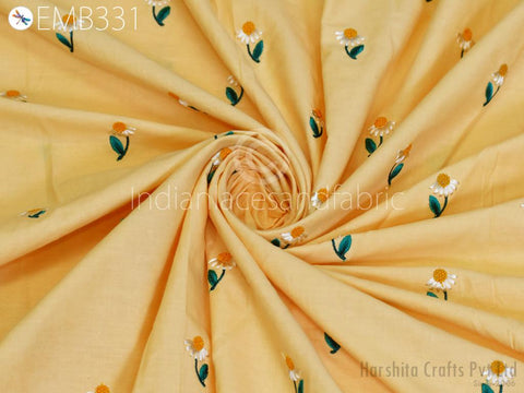 Pale Yellow Embroidered Cotton Fabric by the Yard Indian Embroidery Sewing DIY Crafting Women Summer Dresses Costumes Tote Bag Home Decor