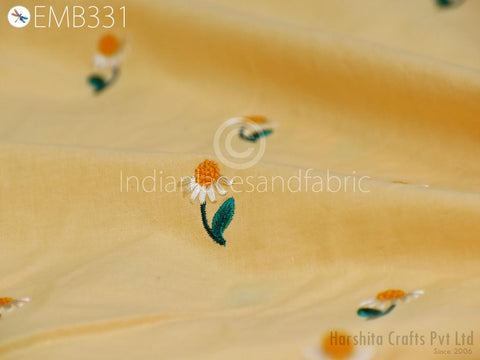 Pale Yellow Embroidered Cotton Fabric by the Yard Indian Embroidery Sewing DIY Crafting Women Summer Dresses Costumes Tote Bag Home Decor