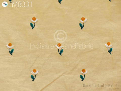 Pale Yellow Embroidered Cotton Fabric by the Yard Indian Embroidery Sewing DIY Crafting Women Summer Dresses Costumes Tote Bag Home Decor
