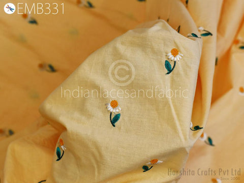 Pale Yellow Embroidered Cotton Fabric by the Yard Indian Embroidery Sewing DIY Crafting Women Summer Dresses Costumes Tote Bag Home Decor