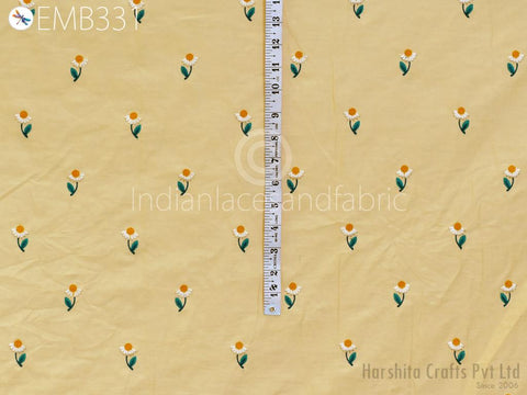 Pale Yellow Embroidered Cotton Fabric by the Yard Indian Embroidery Sewing DIY Crafting Women Summer Dresses Costumes Tote Bag Home Decor