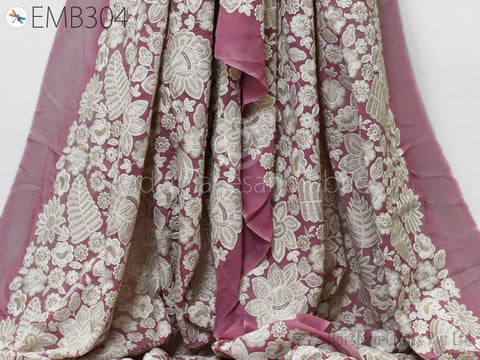 Mauve Indian Embroidered Fabric by the Yard Georgette Embroidery Sewing Curtain DIY Crafting Summer Women Dress Material Drapery Home Decor