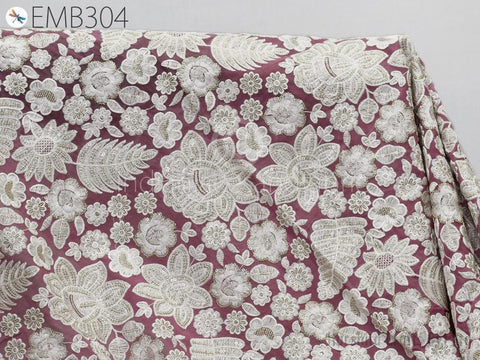 Mauve Indian Embroidered Fabric by the Yard Georgette Embroidery Sewing Curtain DIY Crafting Summer Women Dress Material Drapery Home Decor