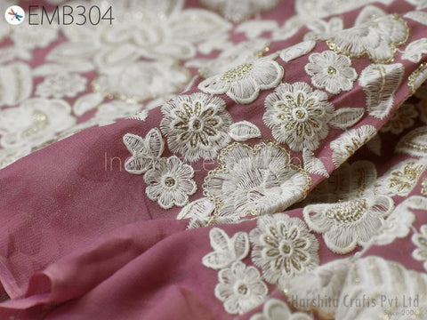 Mauve Indian Embroidered Fabric by the Yard Georgette Embroidery Sewing Curtain DIY Crafting Summer Women Dress Material Drapery Home Decor