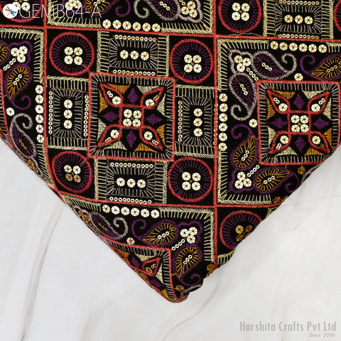 Black Indian Embroidered Flex Cotton Fabric by the Yard Embroidery Summer Dresses Party Costumes Bags Cushions Table Runner Sewing Crafting
