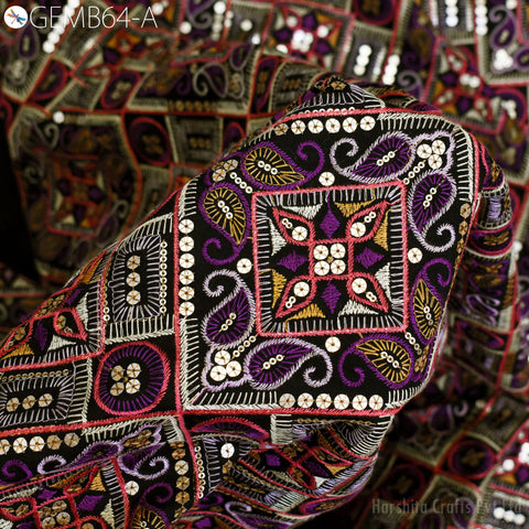 Black Indian Embroidered Flex Cotton Fabric by the Yard Embroidery Summer Dresses Party Costumes Bags Cushions Table Runner Sewing Crafting
