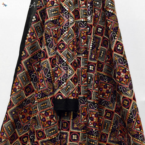 Black Indian Embroidered Flex Cotton Fabric by the Yard Embroidery Summer Dresses Party Costumes Bags Cushions Table Runner Sewing Crafting
