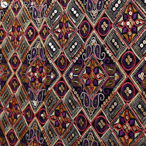 Black Indian Embroidered Flex Cotton Fabric by the Yard Embroidery Summer Dresses Party Costumes Bags Cushions Table Runner Sewing Crafting