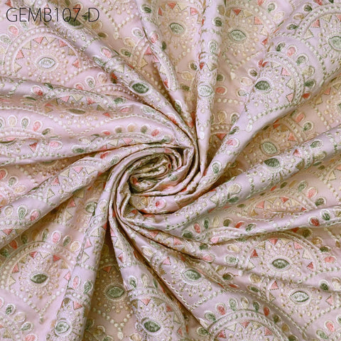 Indian Pink Embroidered Fabric by the yard Sewing DIY Crafting Embroidery Wedding Dresses Costumes Dolls Bags Cushion Covers Table Runners