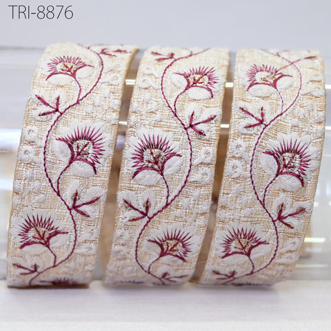 Embroidered trim Floral design, Ivory ribbon