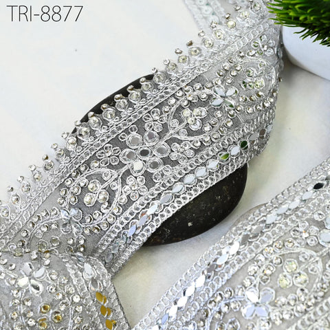 Zari and mirror work trim silver Finish