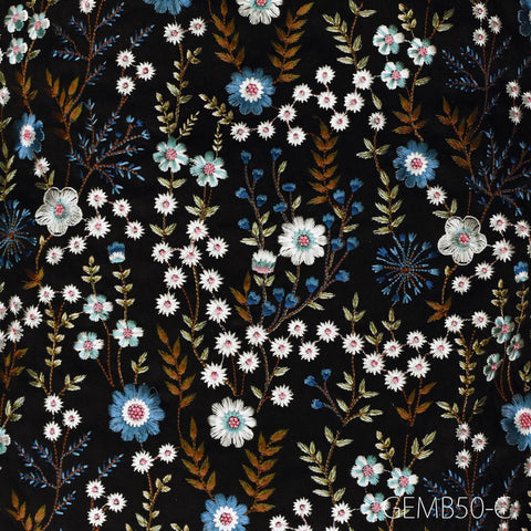 Indian Black Embroidered Fabric by the yard Sewing DIY Crafting Embroidery Wedding Dresses Costumes Dolls Bags Cushion Covers Table Runners