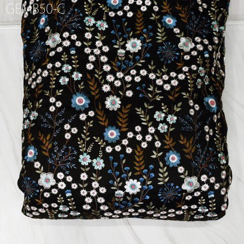 Indian Black Embroidered Fabric by the yard Sewing DIY Crafting Embroidery Wedding Dresses Costumes Dolls Bags Cushion Covers Table Runners