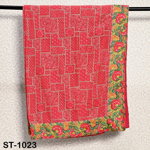 Coral Red Embroidery Dupatta Women Chikankari Georgette Chunni Bridal Veil Lehenga Wrap Stole Festival Wedding Punjabi Dress Chunri 2.5 Yard