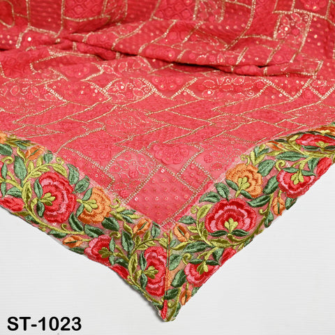 Coral Red Embroidery Dupatta Women Chikankari Georgette Chunni Bridal Veil Lehenga Wrap Stole Festival Wedding Punjabi Dress Chunri 2.5 Yard