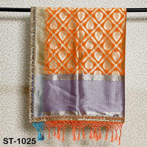 Orange Dupatta Banarasi Sequin Long Brocade Dupatta Chunni Bridal Veil Wedding Lehenga Shawls Wraps Punjabi Dress Head Scarf Women Gift Wife