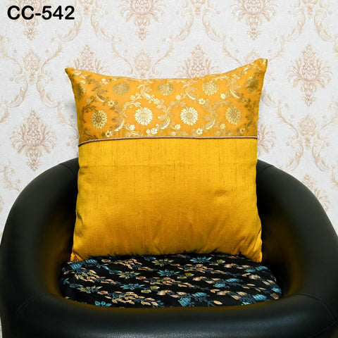 Gold Cushion Cover, Pure Silk Luxury Cushion Pillowcase, Pillow Cover Brocade, Gold - Yellow For Sofa Bed or Throw. Designer Fabric Handmade